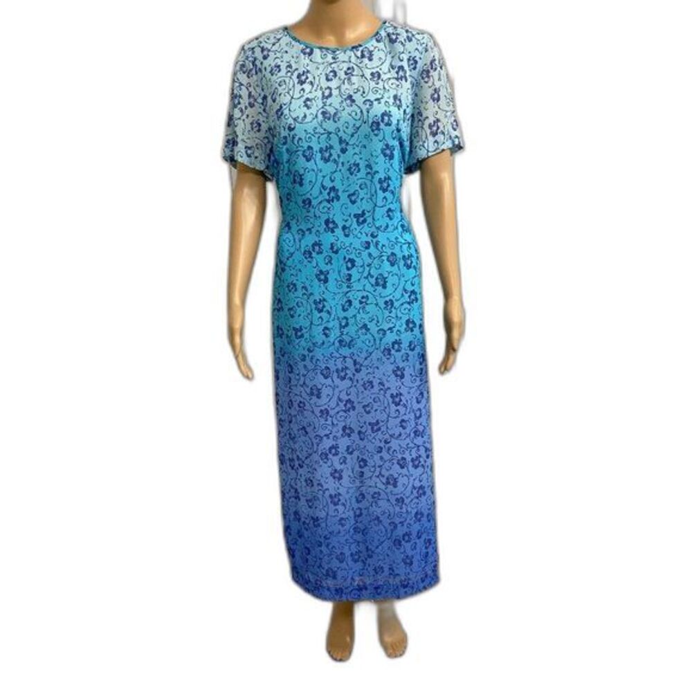 Maggy London Floral Maxi Dress Blue Ombre Tie Back Short Sleeve Rayon Size 14